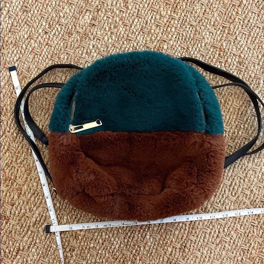 Plush Colorblock Round Faux Fur Backpack — Green and Brown